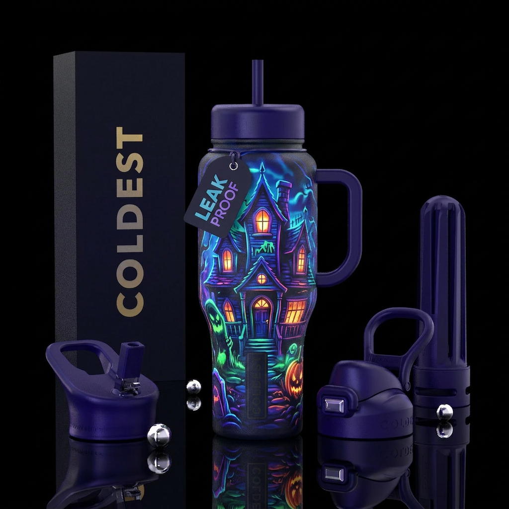 Neon Haunted House Glowie water bottle design