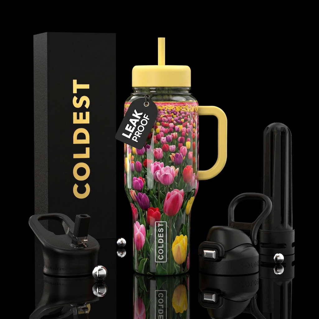 Tulip Festival with butter yellow lids and handle water bottle design