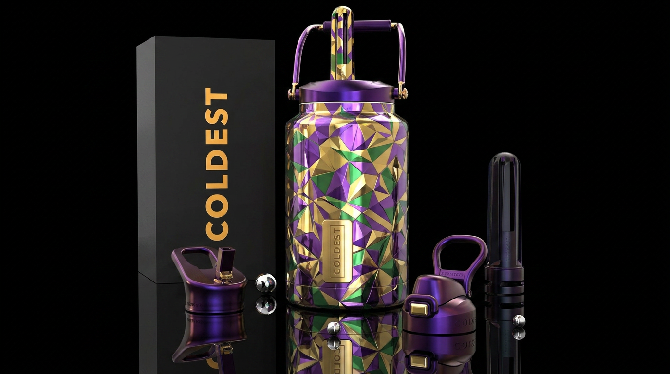 Abstract, purple, gold, green, geometric patterns ... water bottle design