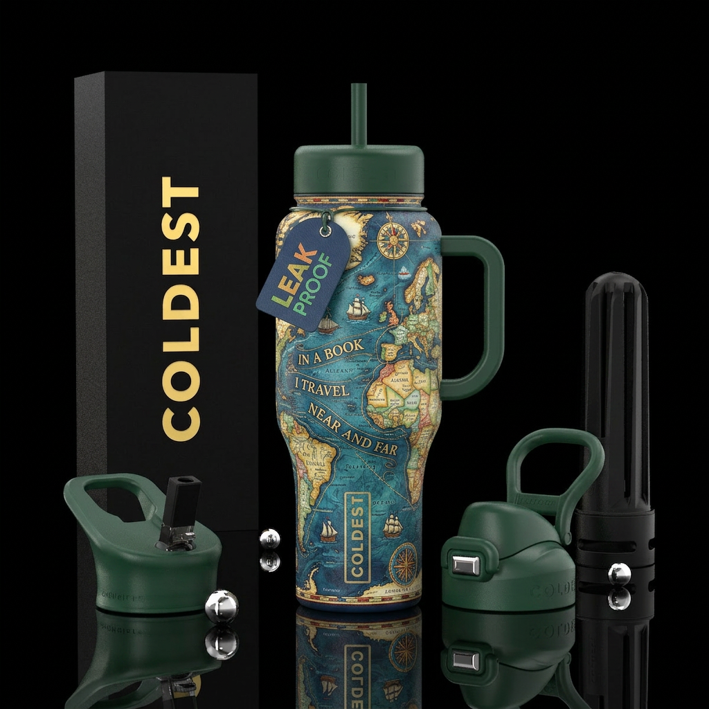 in a book I travel near and far water bottle design