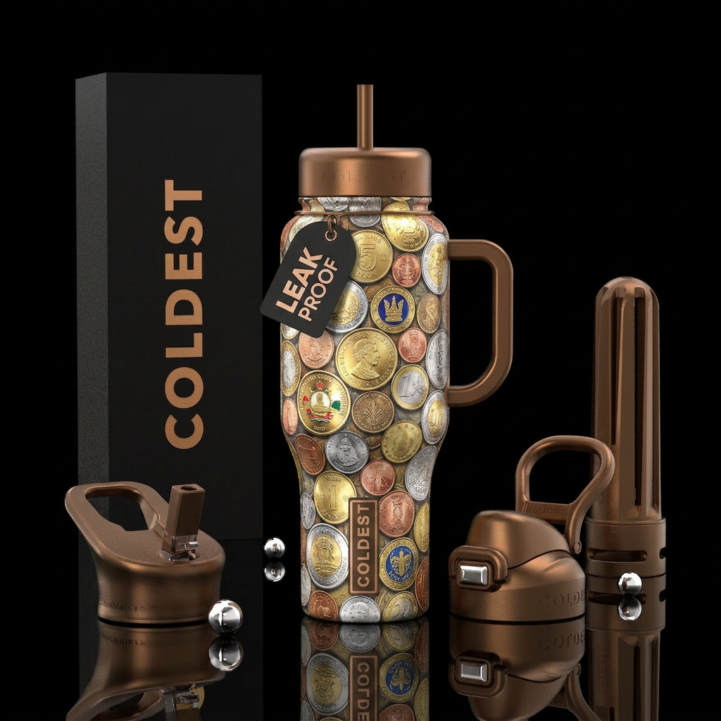 Coins of the world water bottle design
