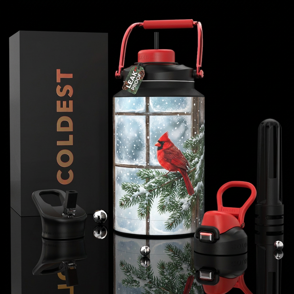 Snow falling outside my window; cardinal on an eve... water bottle design