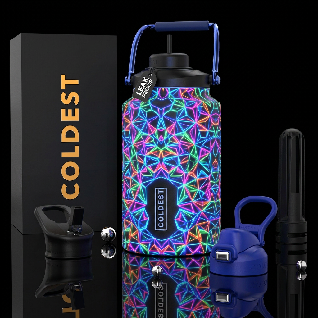 Kaleidoscopic geometric shapes in Glowie colors water bottle design