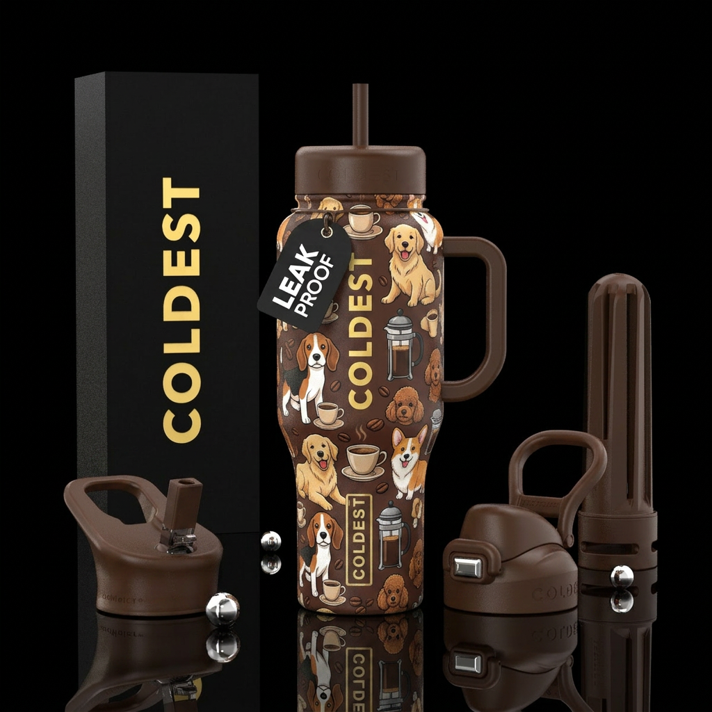 Puppies and coffee water bottle design