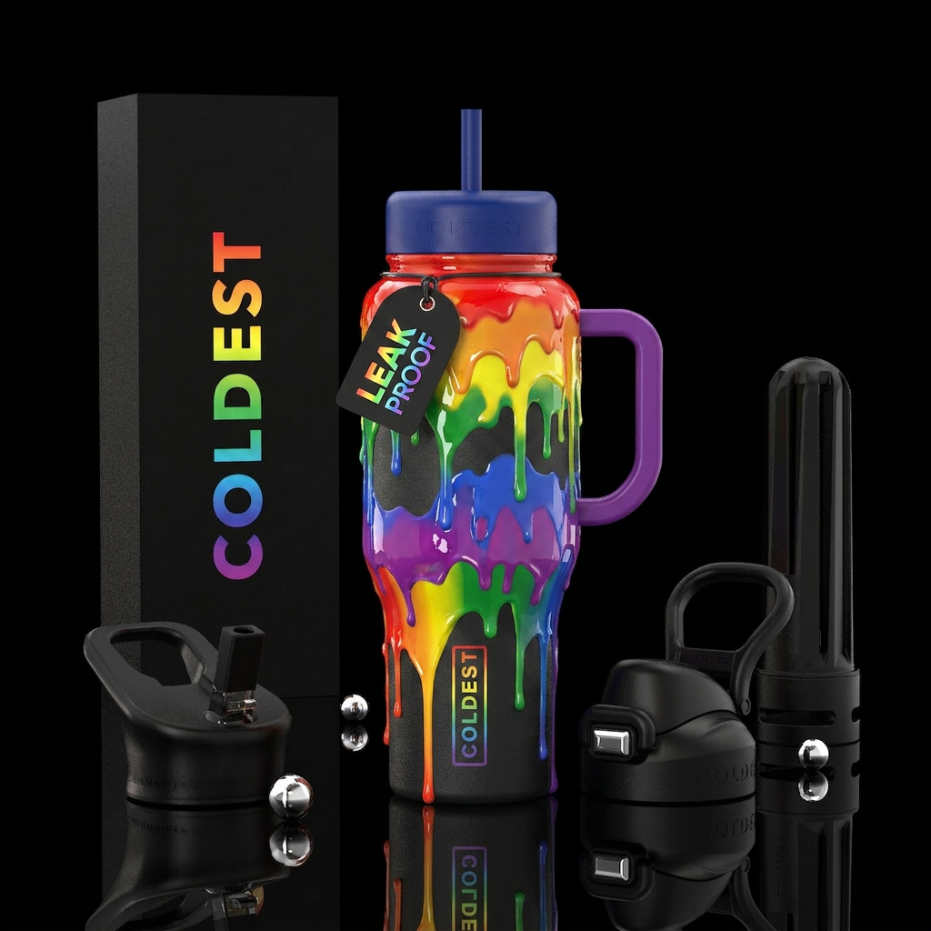 Drippy rainbow paint water bottle design