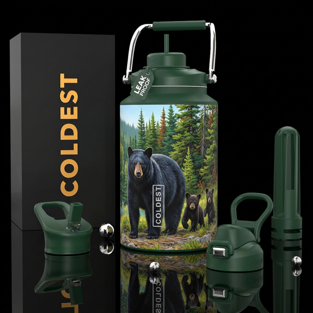 Black bear mama and cubs near the forest water bottle design
