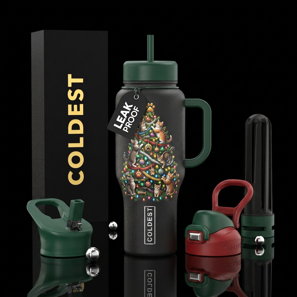 Cat Christmas tree water bottle design