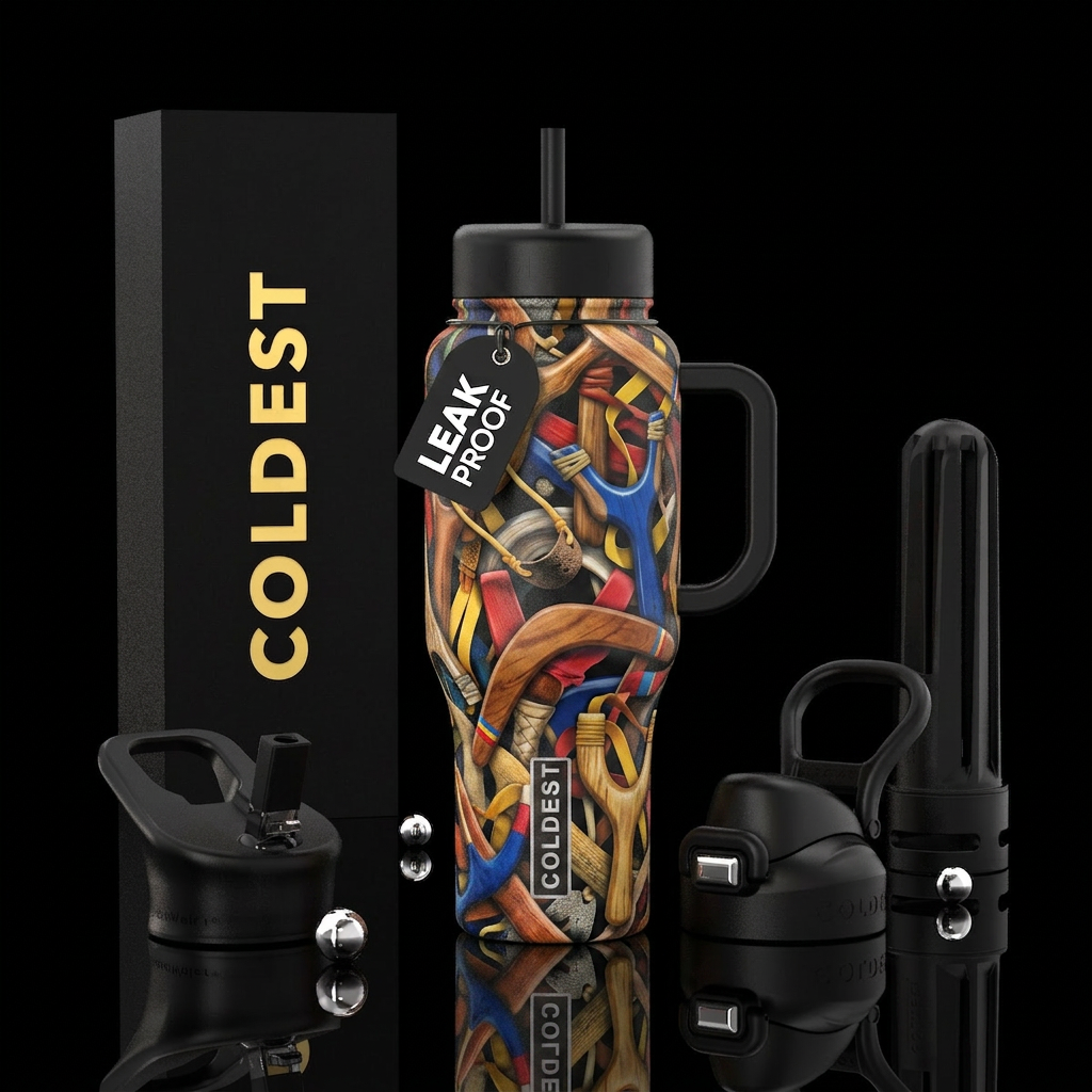 Sling shots and boomerangs realistic water bottle design