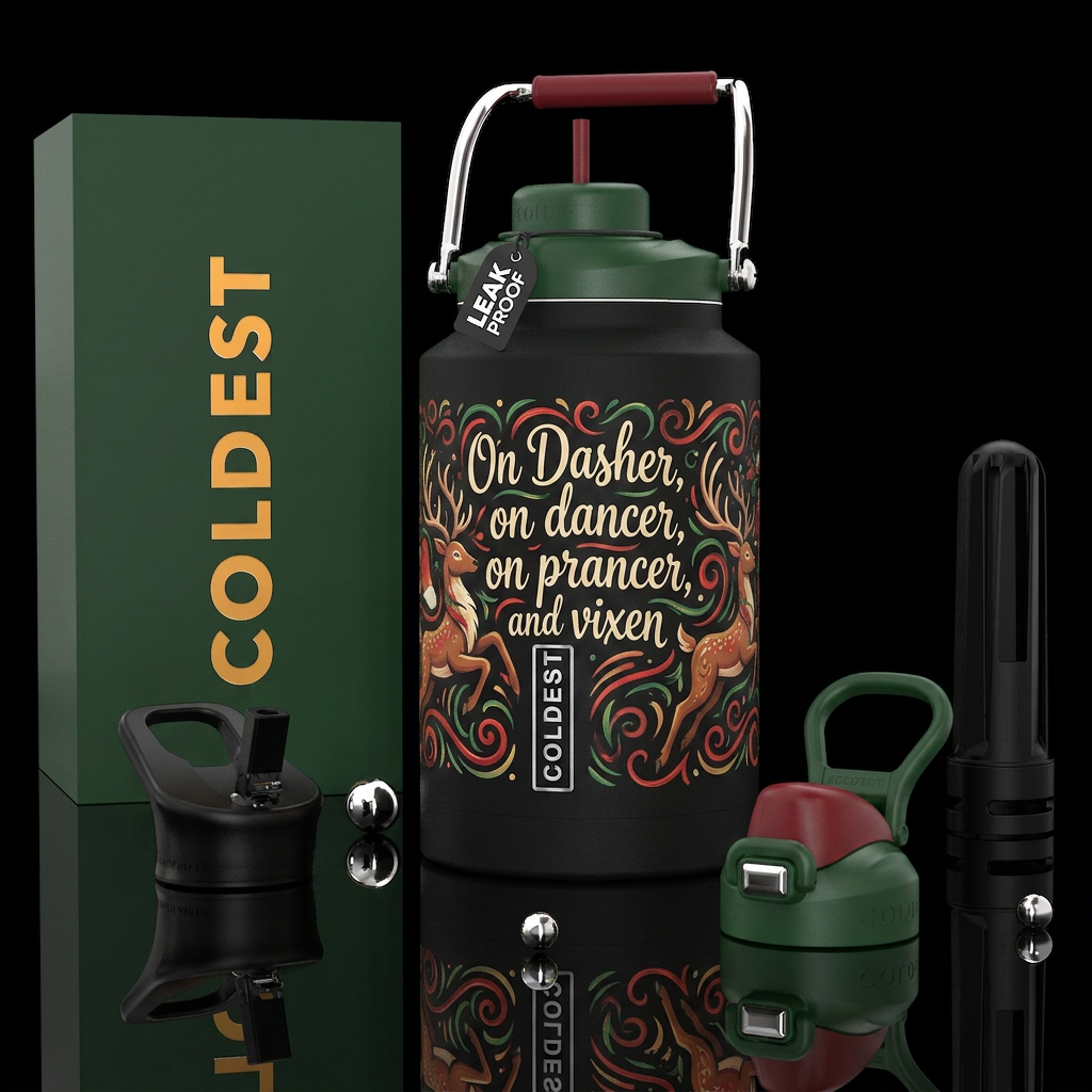 On Dasher, on dancer, on prances, and vixen water bottle design