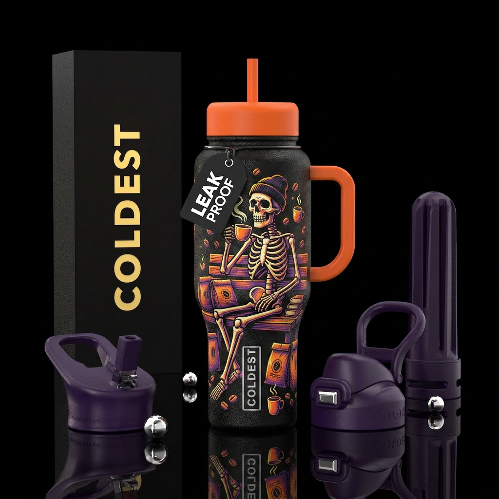 Skeleton drinking coffee Halloween colors water bottle design
