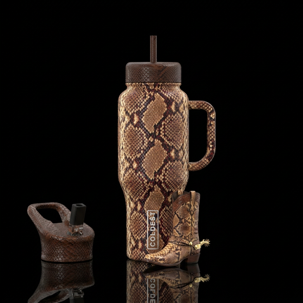 Snakeskin cowboy boots water bottle design