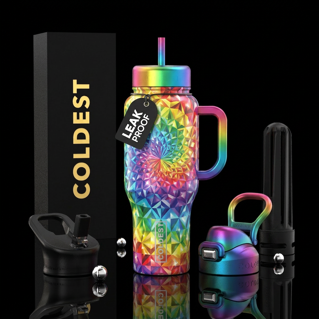Swirling rainbow diamonds water bottle design