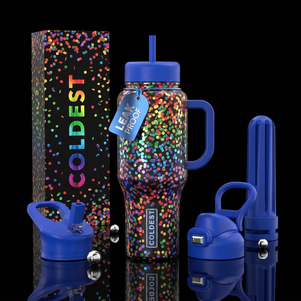 Rainbow confetti water bottle design