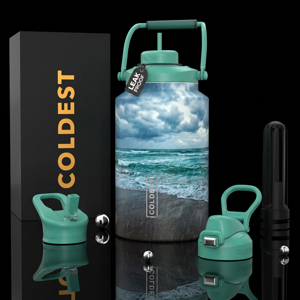 A rainy day at the beach water bottle design