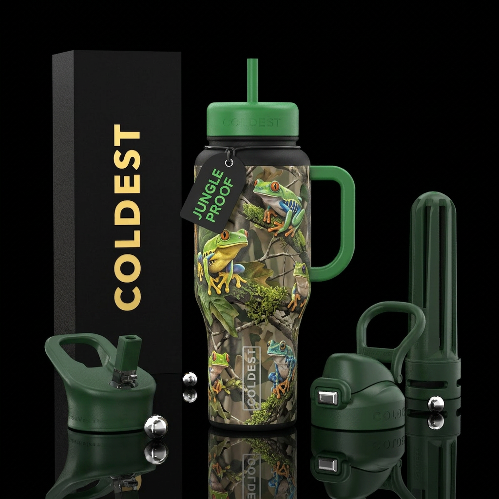 Tree frogs in camouflage water bottle design