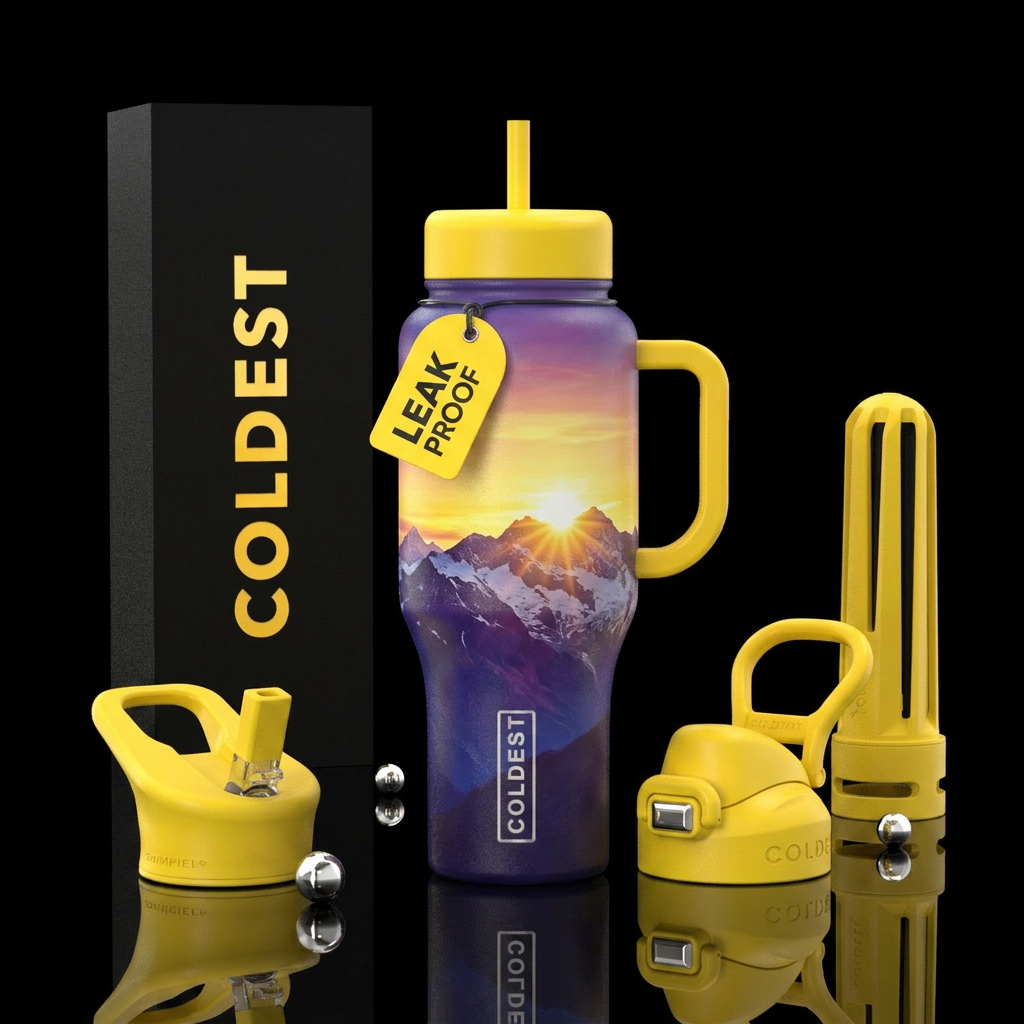Sunrise over the mountains, yellow handle water bottle design
