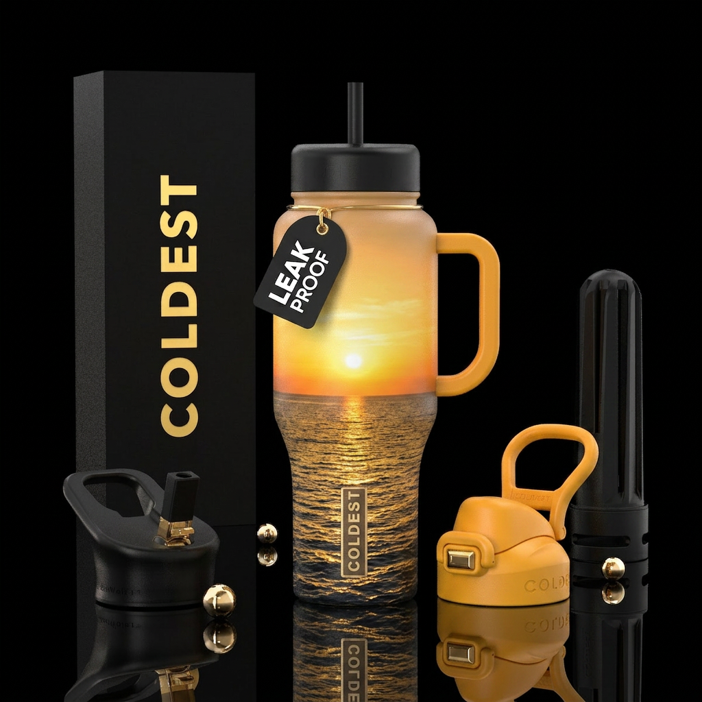 Sunrise over the horizon, yellow handle water bottle design
