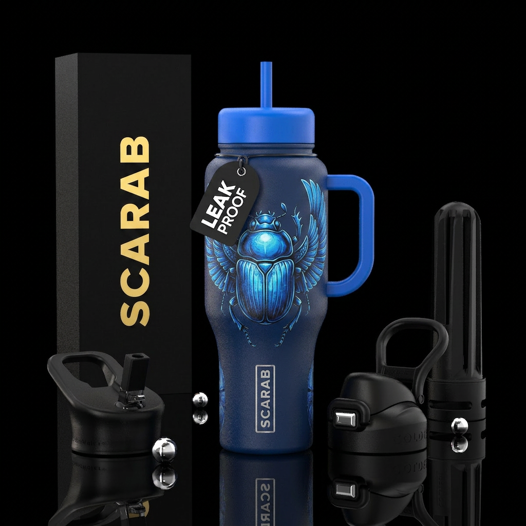 Blue scarab water bottle design