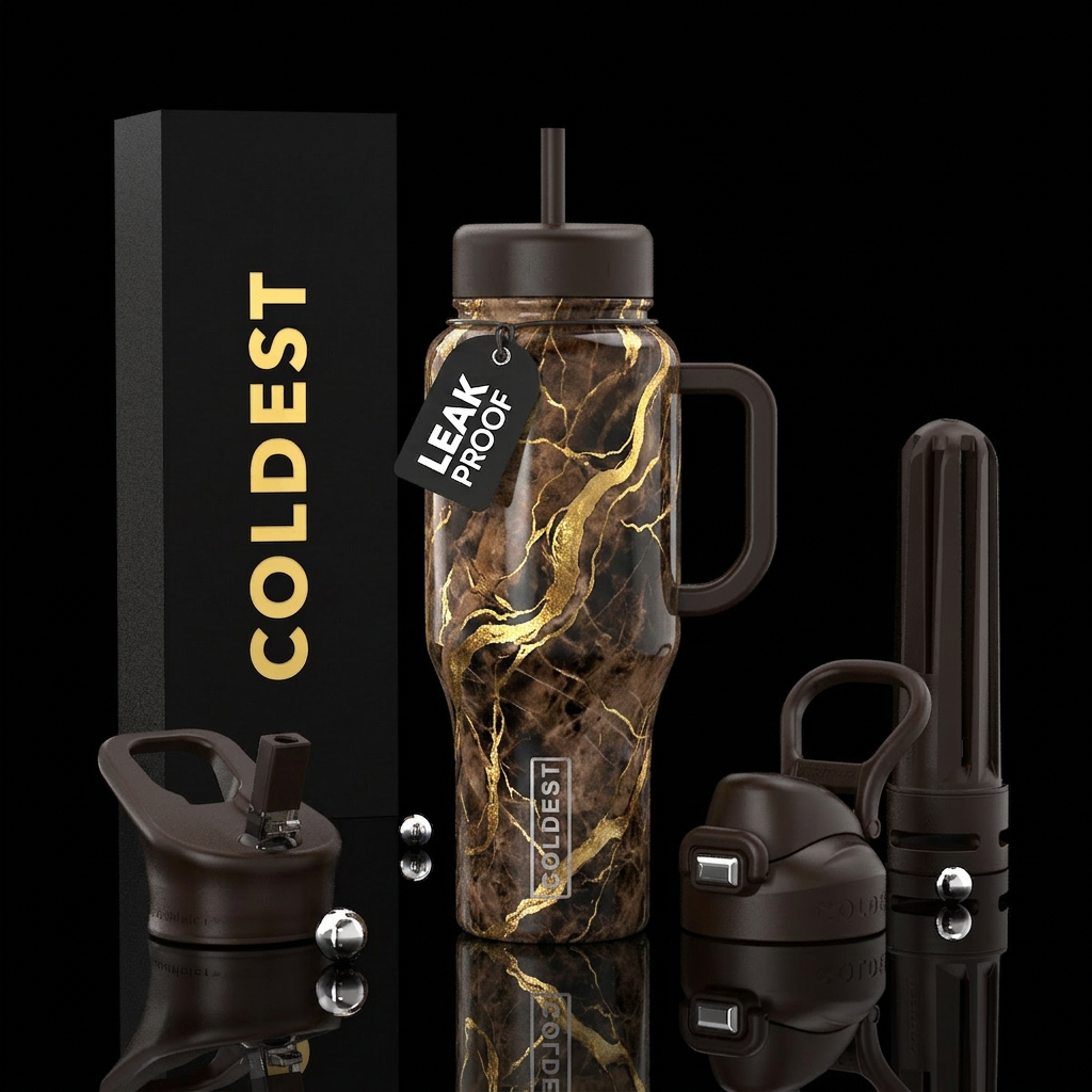 Coffee marble luna with gold ribboning water bottle design