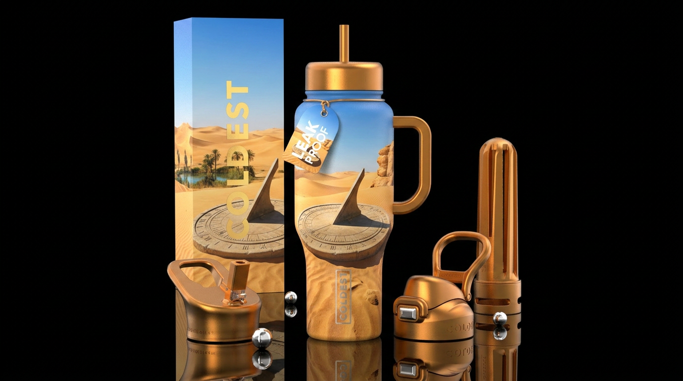 Sundial in the desert realistic water bottle design
