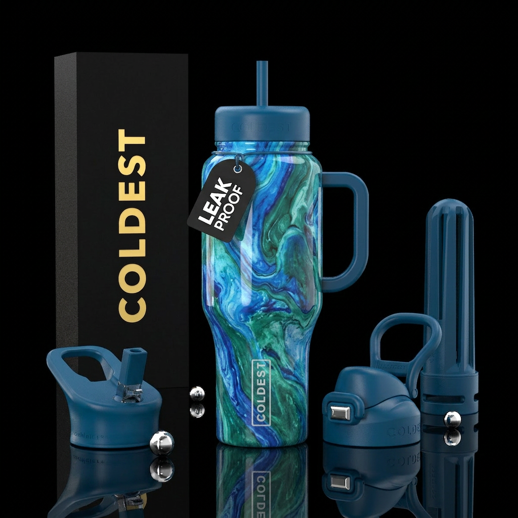 Marbleized blue and green swirls water bottle design