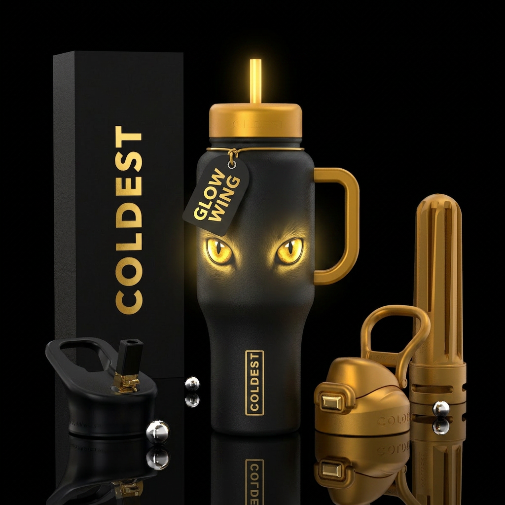 Golden glowing cat eyes water bottle design