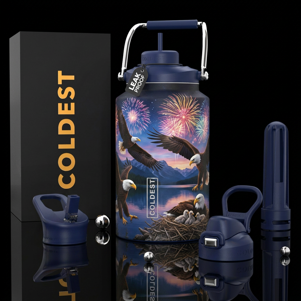 Bald eagles, lakes, and fireworks water bottle design