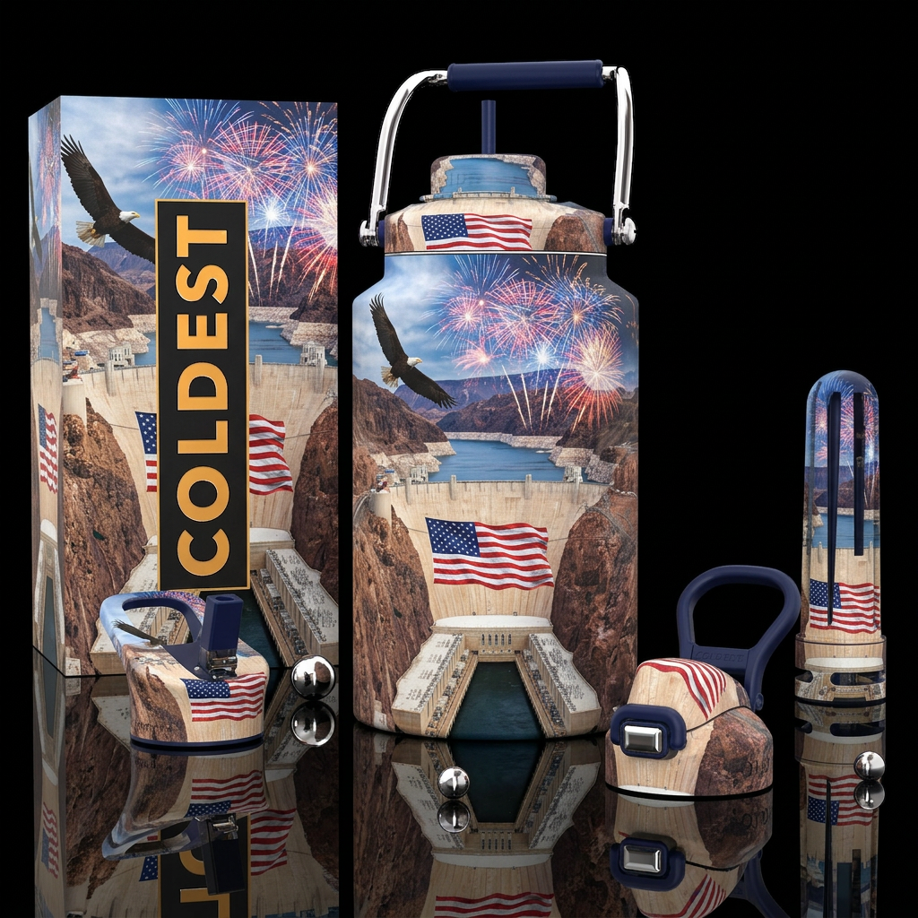 Bald eagles, flag at Hoover Dam, and fireworks water bottle design