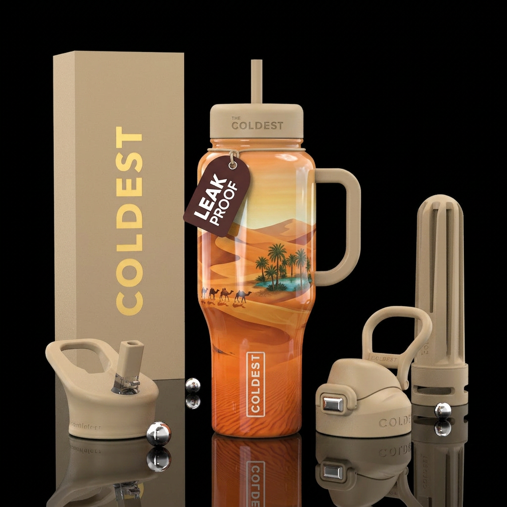 Camel, desert, and water bottle design