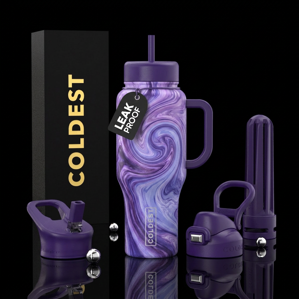 Marbelized purple ombré swirl water bottle design