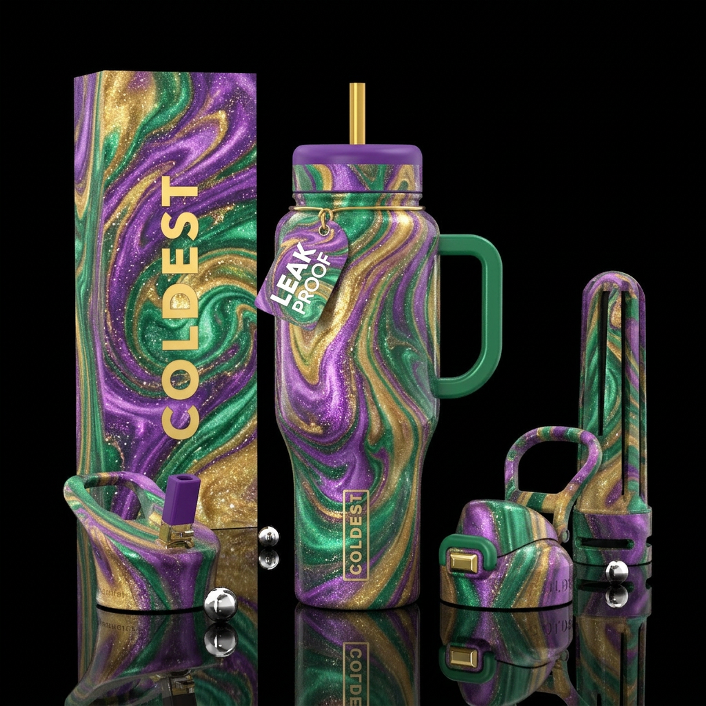 Mardi Gras colors pearlized sparkling marble water bottle design