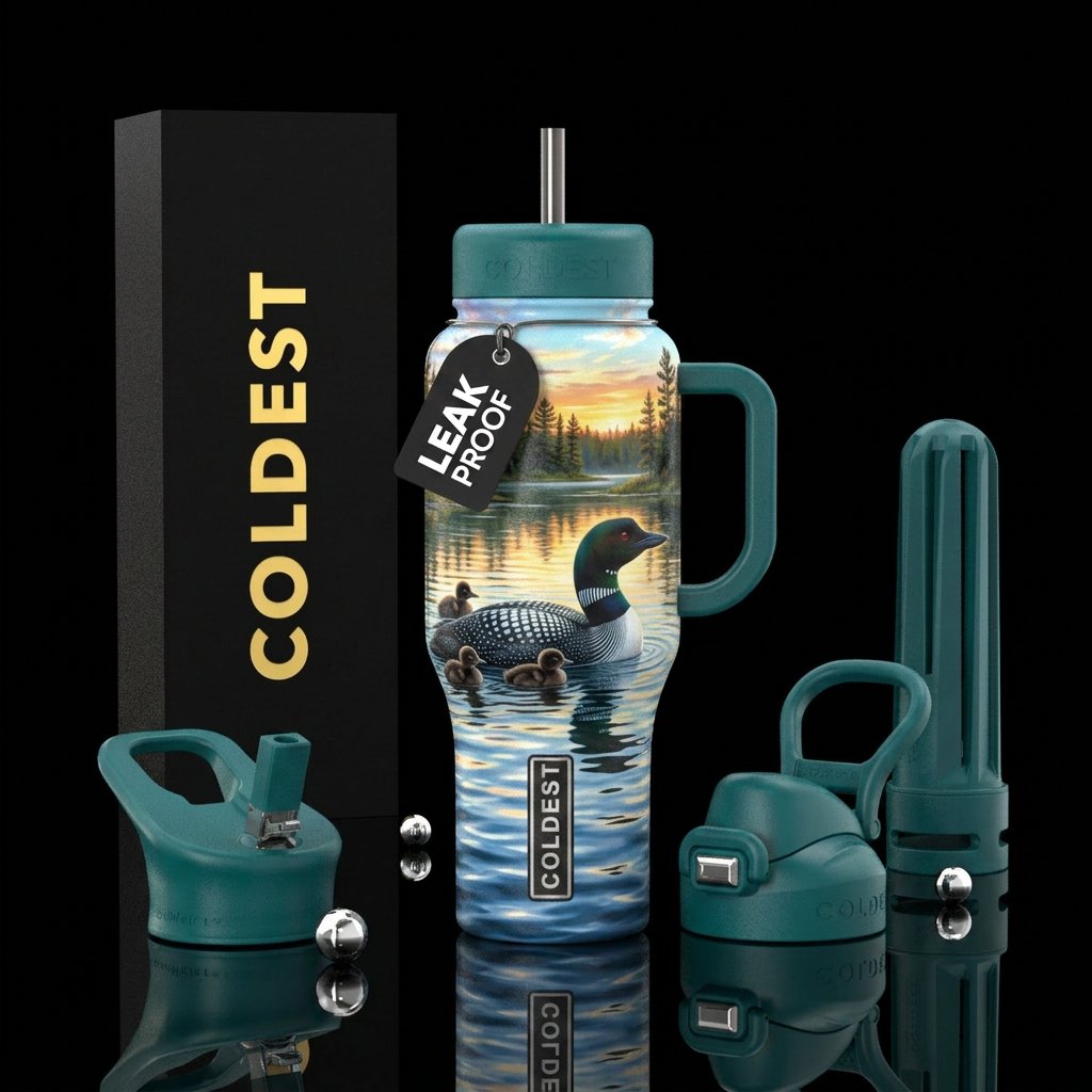 loon with babies on the lake realistic water bottle design