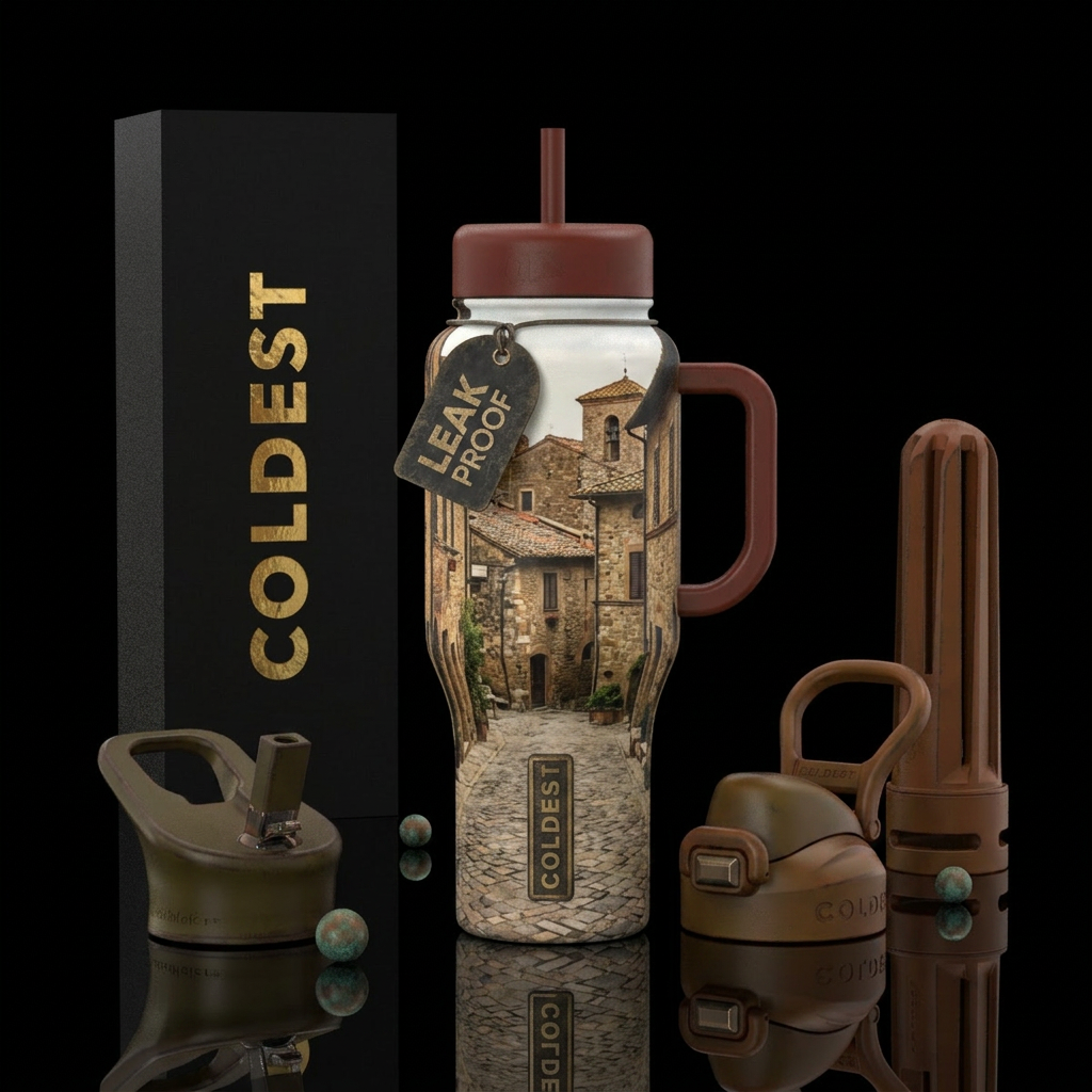 Old world village realistic water bottle design