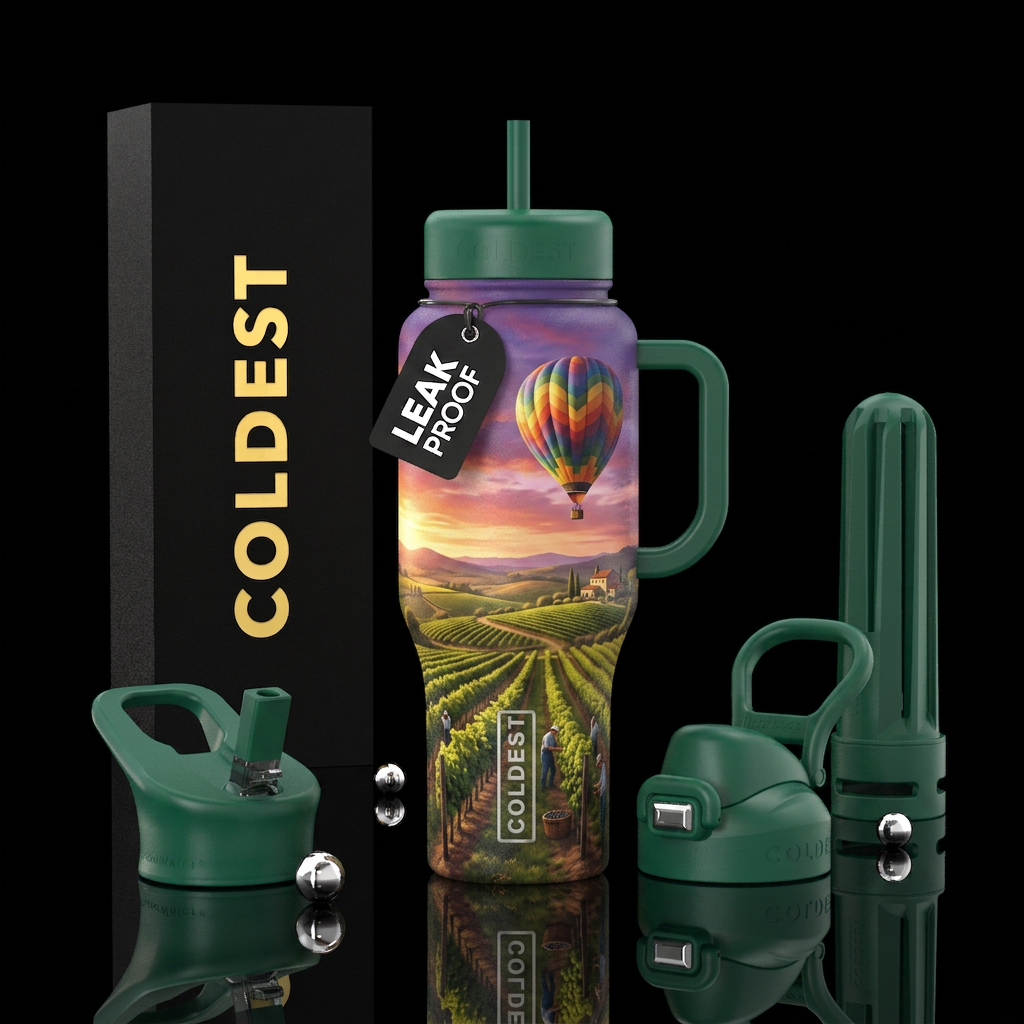 Hot air balloon over vineyards realistic water bottle design