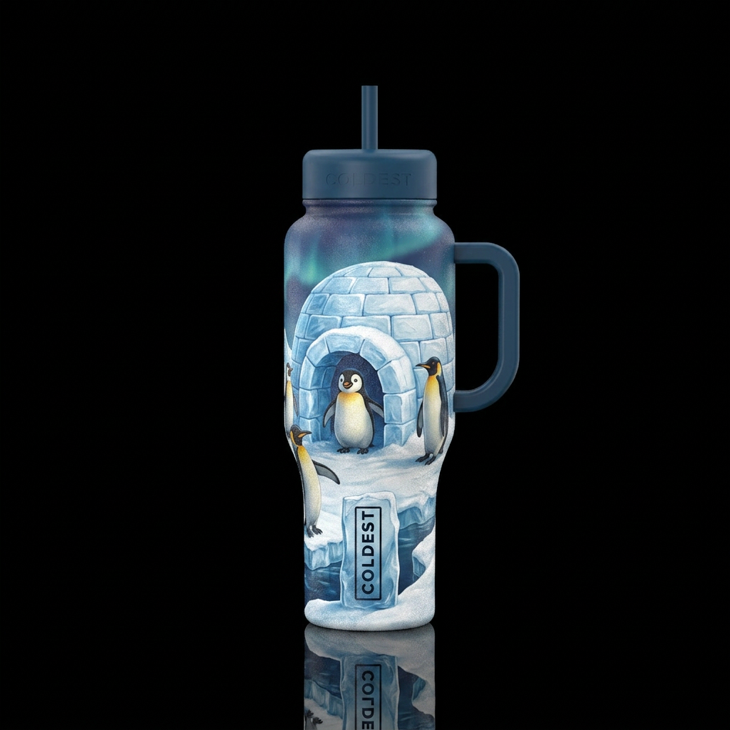 Penguins in an igloo water bottle design
