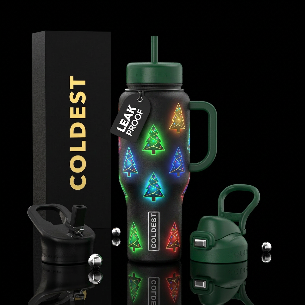 Glowie Christmas trees water bottle design