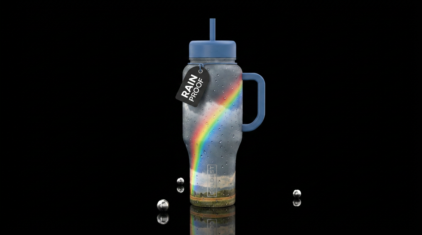 Rainbow during a rainstorm water bottle design