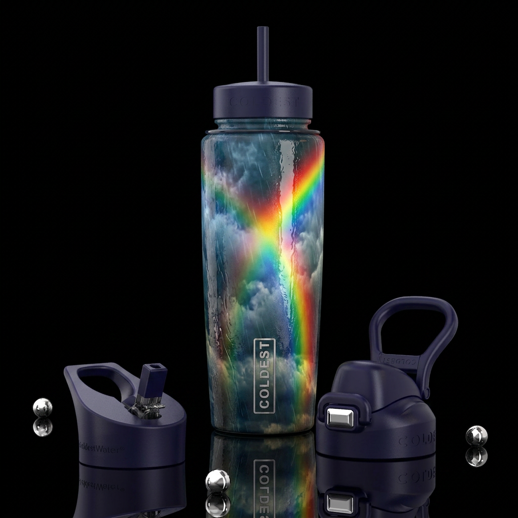 Rainbow during a rainstorm water bottle design