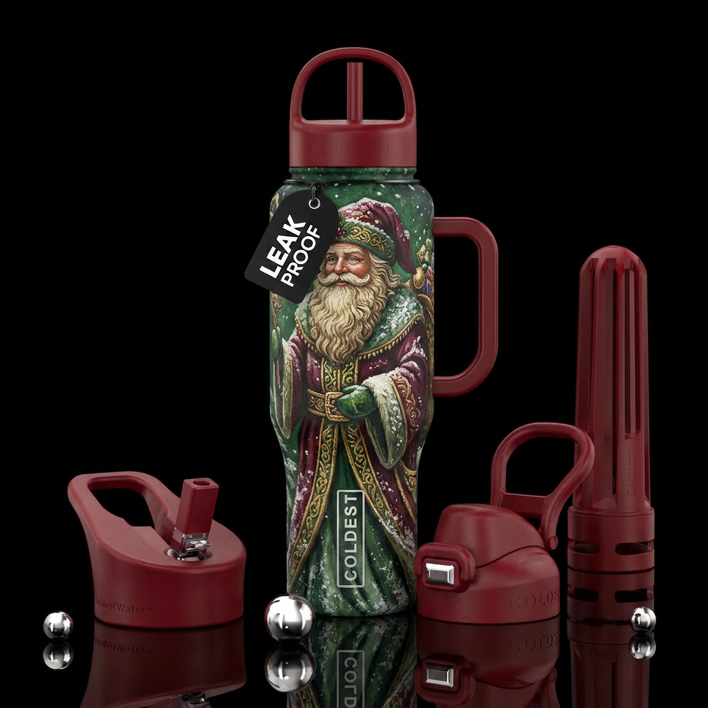 Old World Santa water bottle design