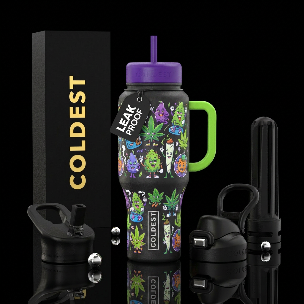 Cannabis cartoon characters water bottle design