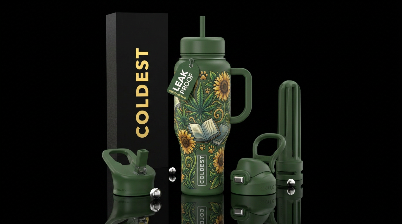 Cannabis, sunflowers, books, paw prints, monster j... water bottle design