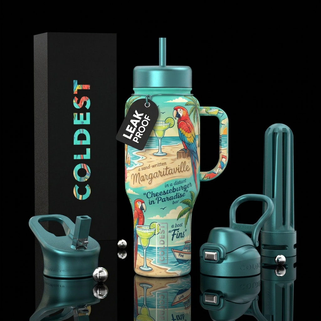 Jimmy buffet songs, beach, margaritas  ,parrots, water bottle design