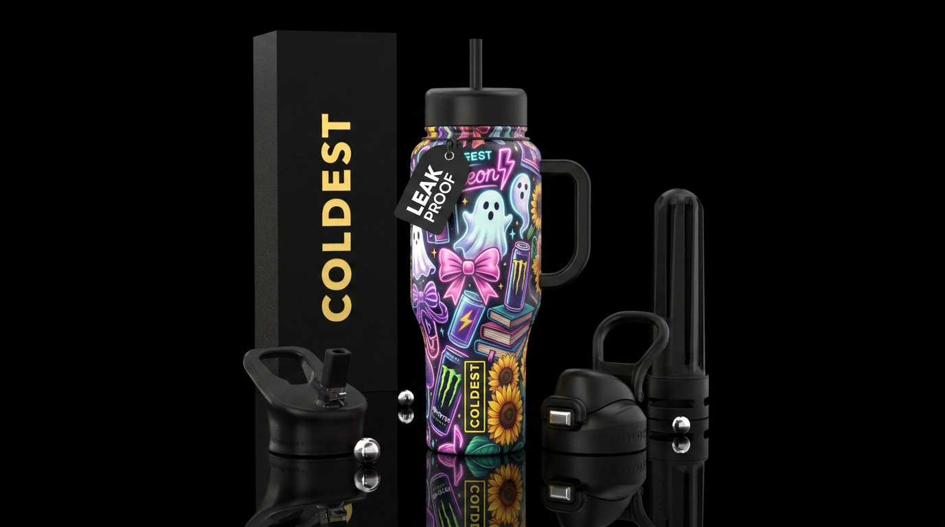 Neon, ghosts, bows, energy drinks, books, sunflowe... water bottle design