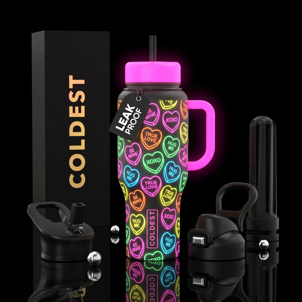 Candy hearts neon water bottle design