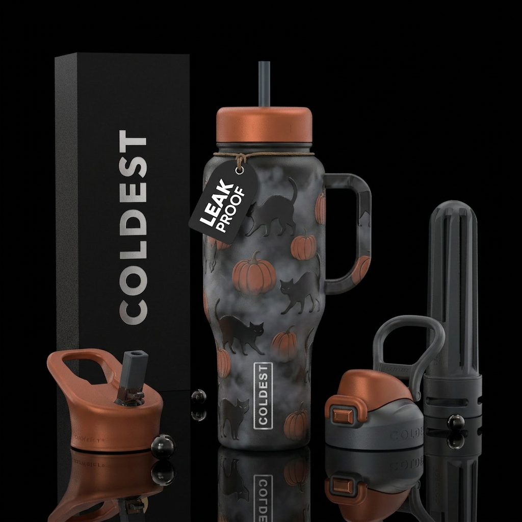 Cats and pumpkins water bottle design