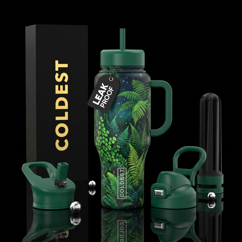 Ferns in a garden at night viewed from below water bottle design
