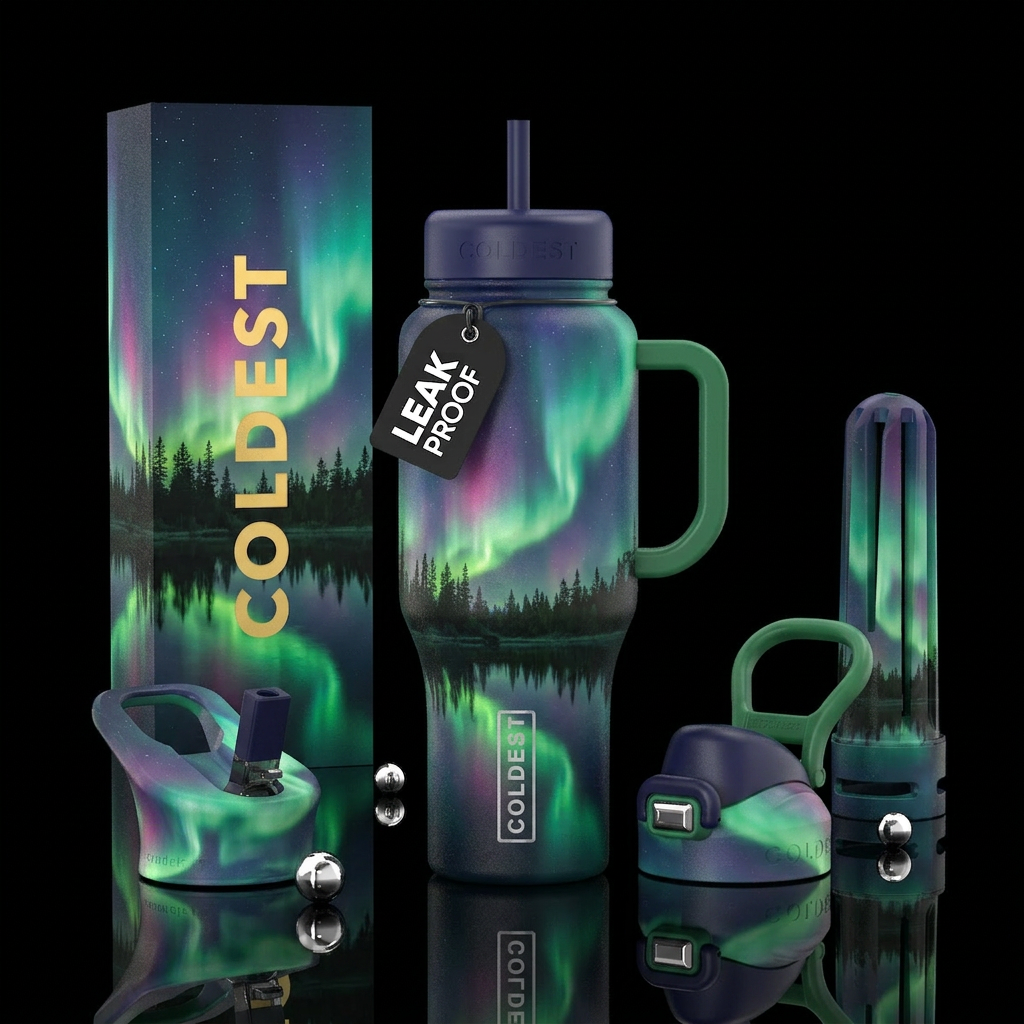 Northern lights over lake with pine forest water bottle design