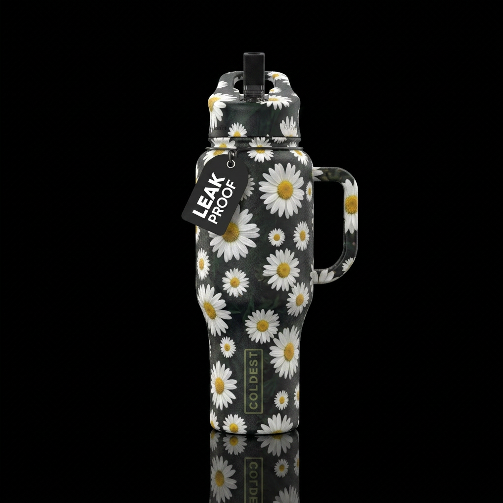 Daisies black background water bottle design