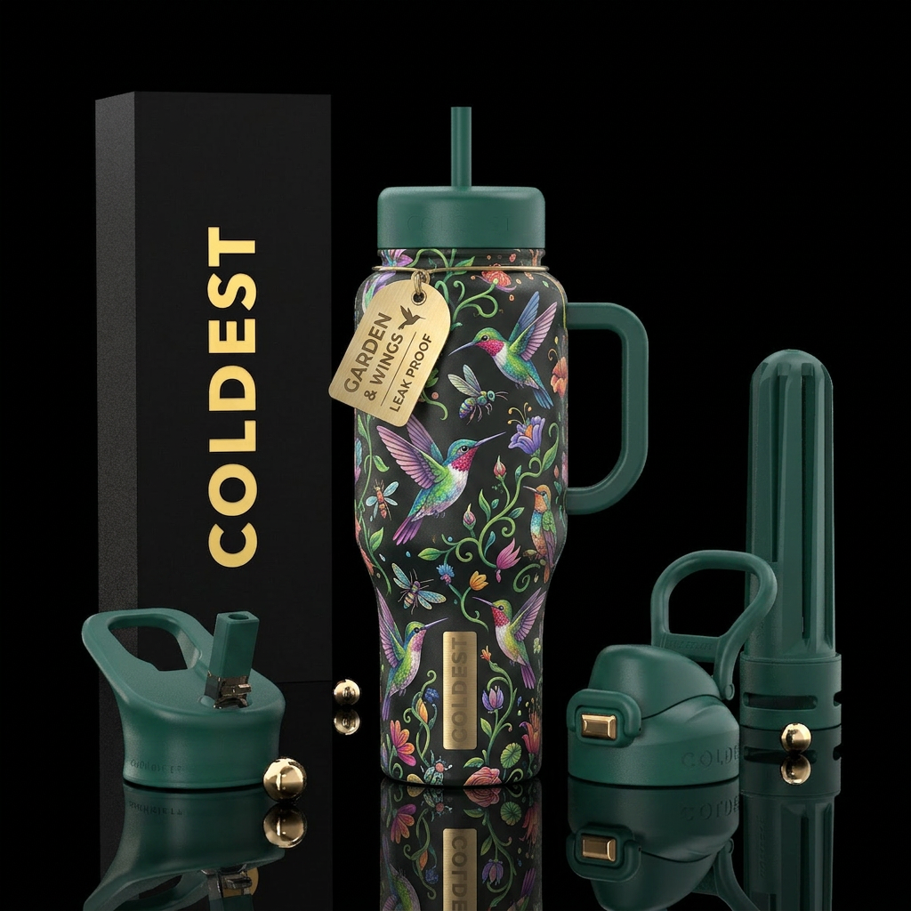 Humming birds amidst whimsical garden things water bottle design