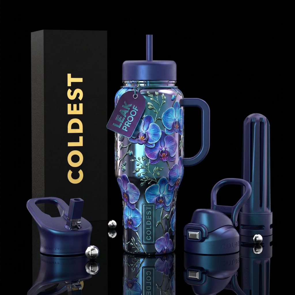 blue and purple orchids water bottle design